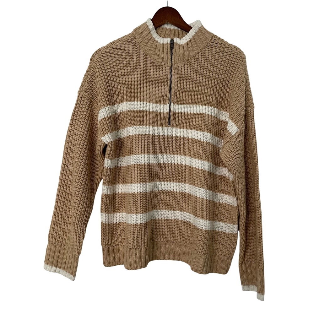 Sanctuary Sweater Womens L Camel Ivory Stripe Chunky Knit Quarter Zip Mock Neck
